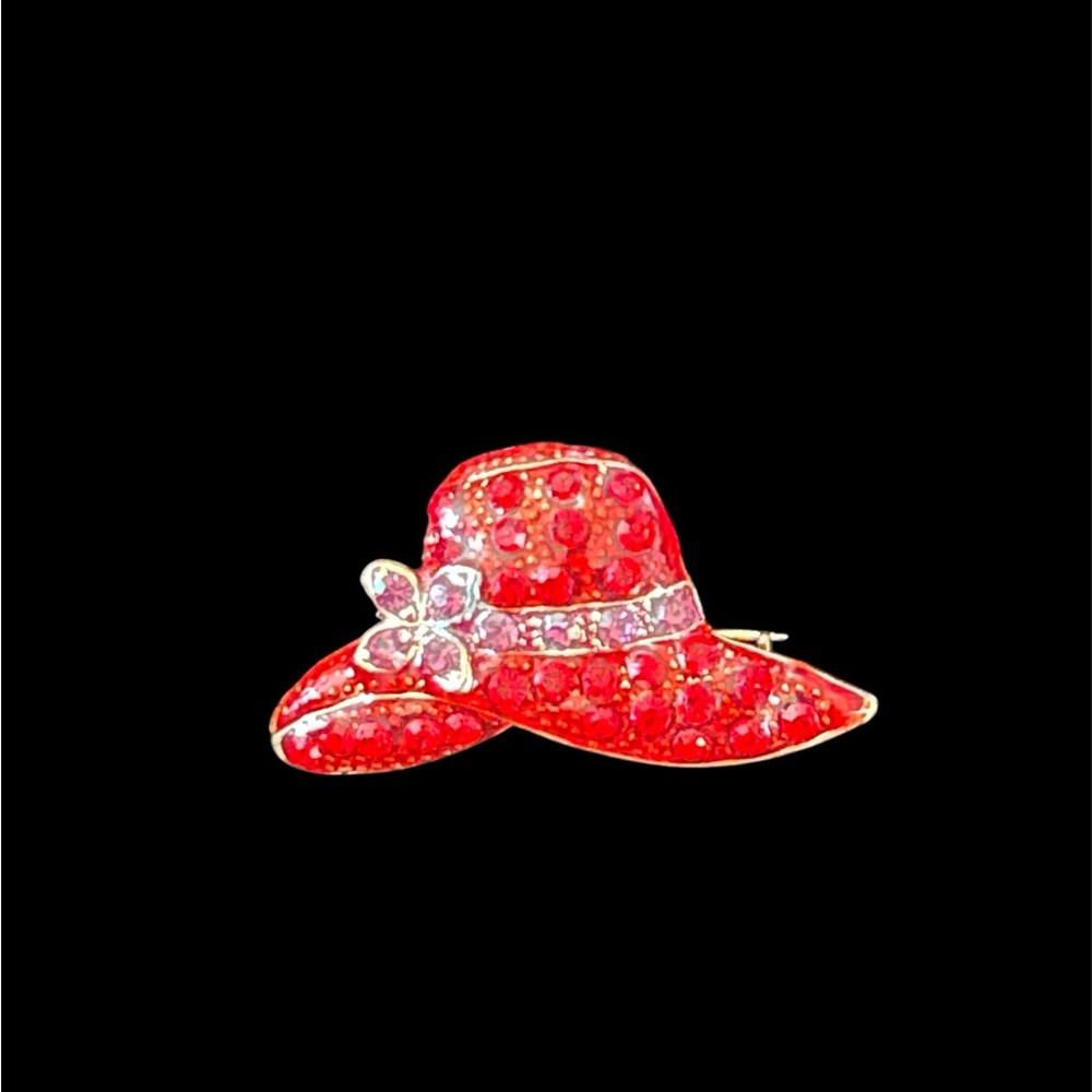 Elegant Red Hat Brooch with Crystal Accents